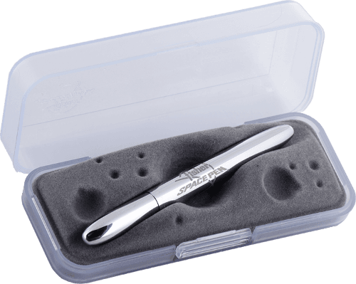 Closed 400/FSP bullet space pen in gift box. The gift box is opaque plastic with an insert textured like the moon.