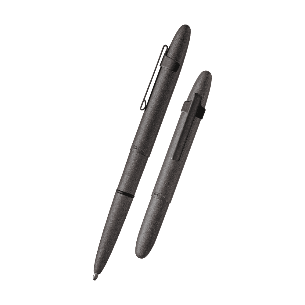 Left: open 400H-237-BCL Tungsten Cerakote bullet space pen with matte black clip with cap on end of pen
Right: closed 400H-237-BCL Tungsten Cerakote bullet space pen with matte black clip