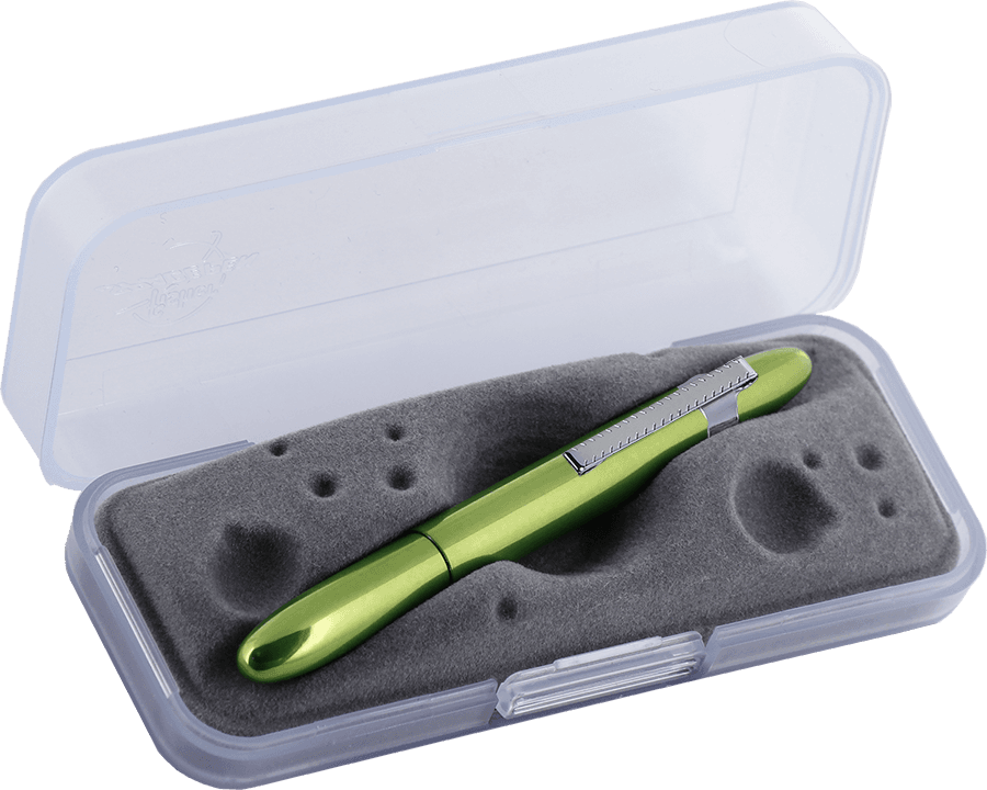 400LGCL Aurora Borealis bullet Space Pen with chrome clip in open gift box. The insert of the gift box is gray and looks like craters on the moon's surface.