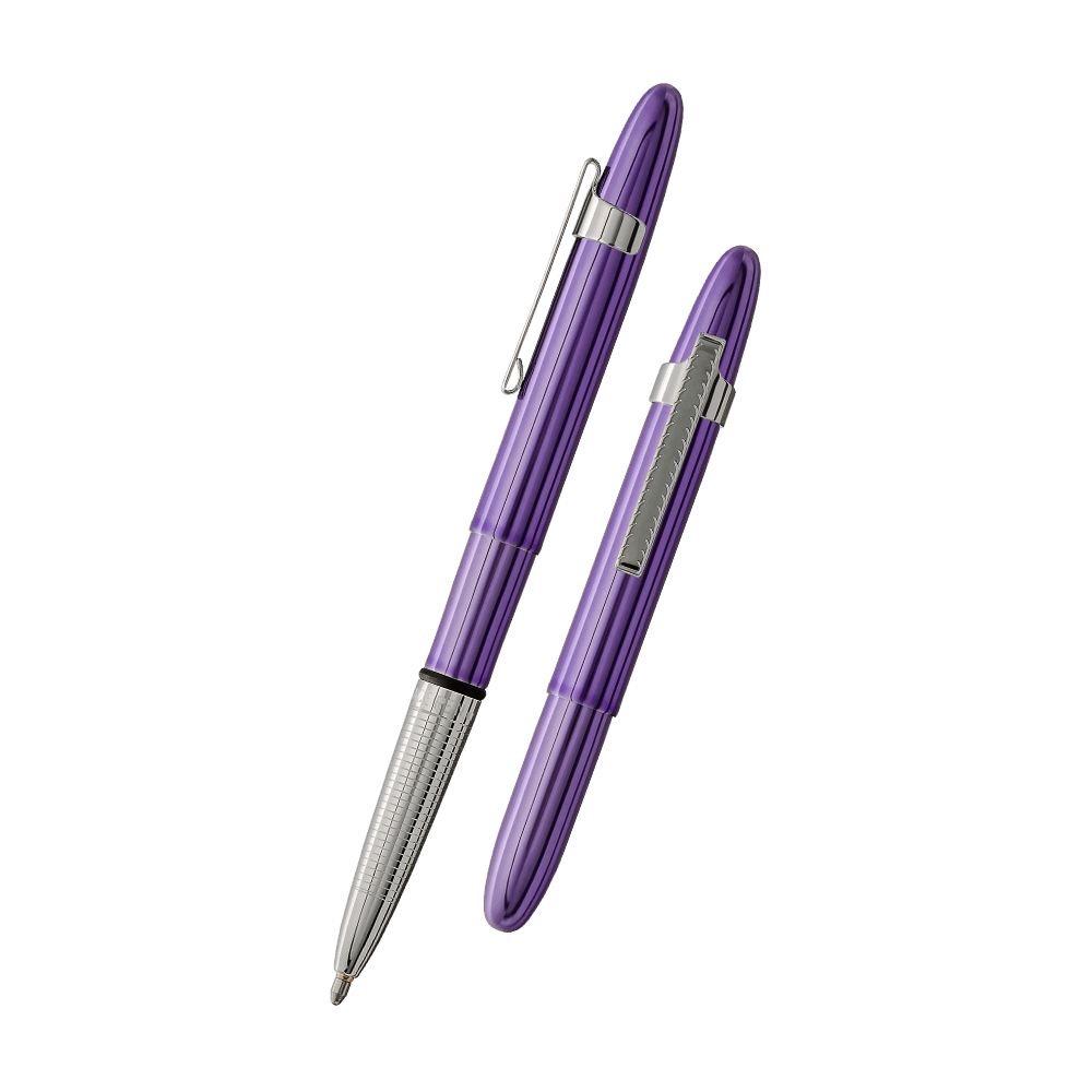 Left: open 400PPCL purple bullet space pen with chrome clip and chrome grip
Right: closed 400PPCL purple bullet space pen with chrome clip