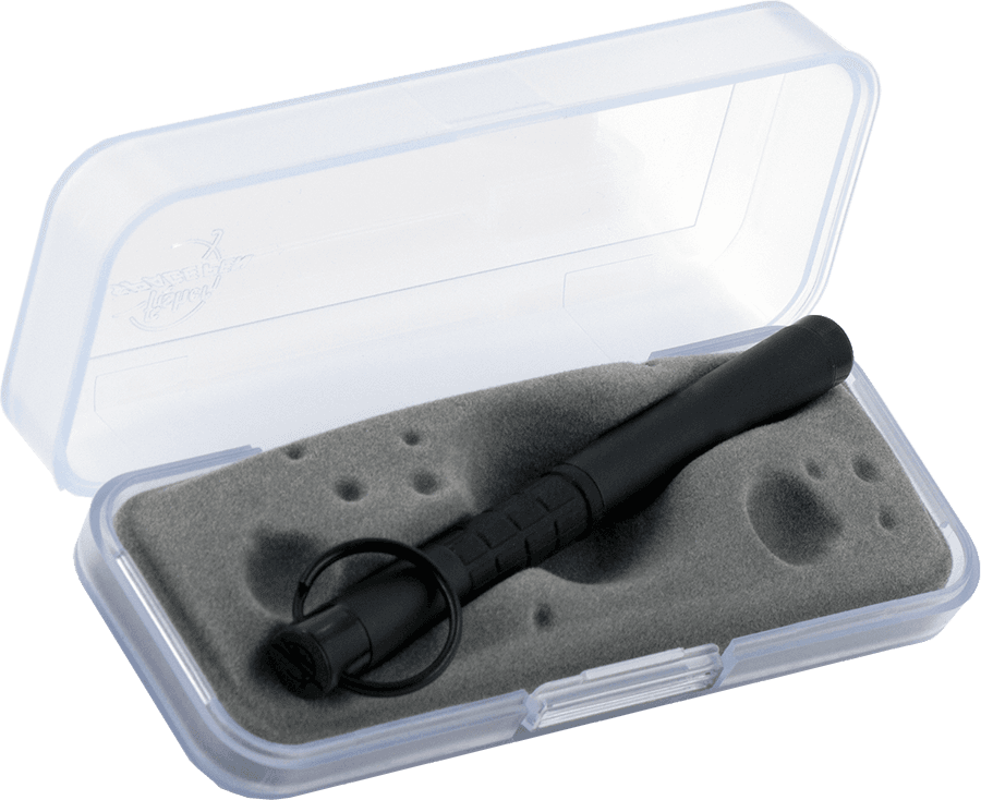 725B Trekker Space Pen in open gift box. The gray insert has crater's like the moon's surface.