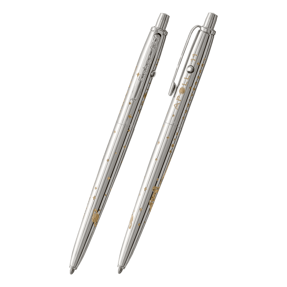 Front and side views of the AG7-50 Original Astronaut Space Pen in chrome. The clip is stamped Fisher AG-7. The button to extract the refill is on the end of the pen, the retract button is on the side of the pen near the clip. Engraving includes the Colum
