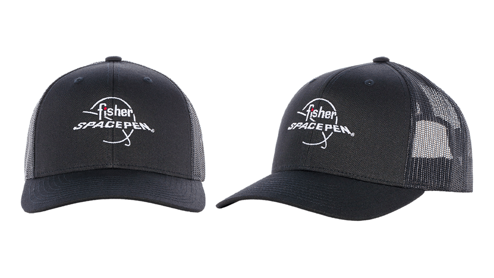 Black Fisher Space Pen snapback hat with embroidered red and white logo on the front.