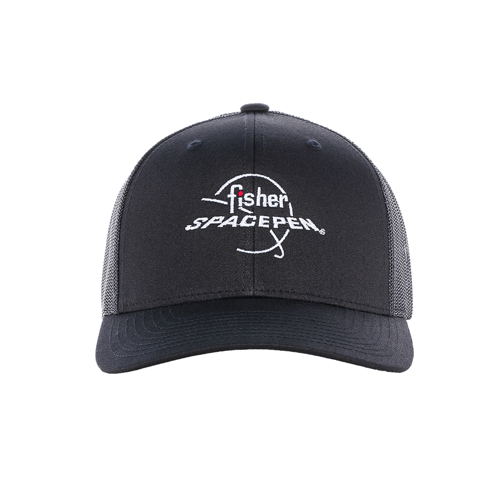 Black Fisher Space Pen snapback hat with embroidered red and white logo on the front.