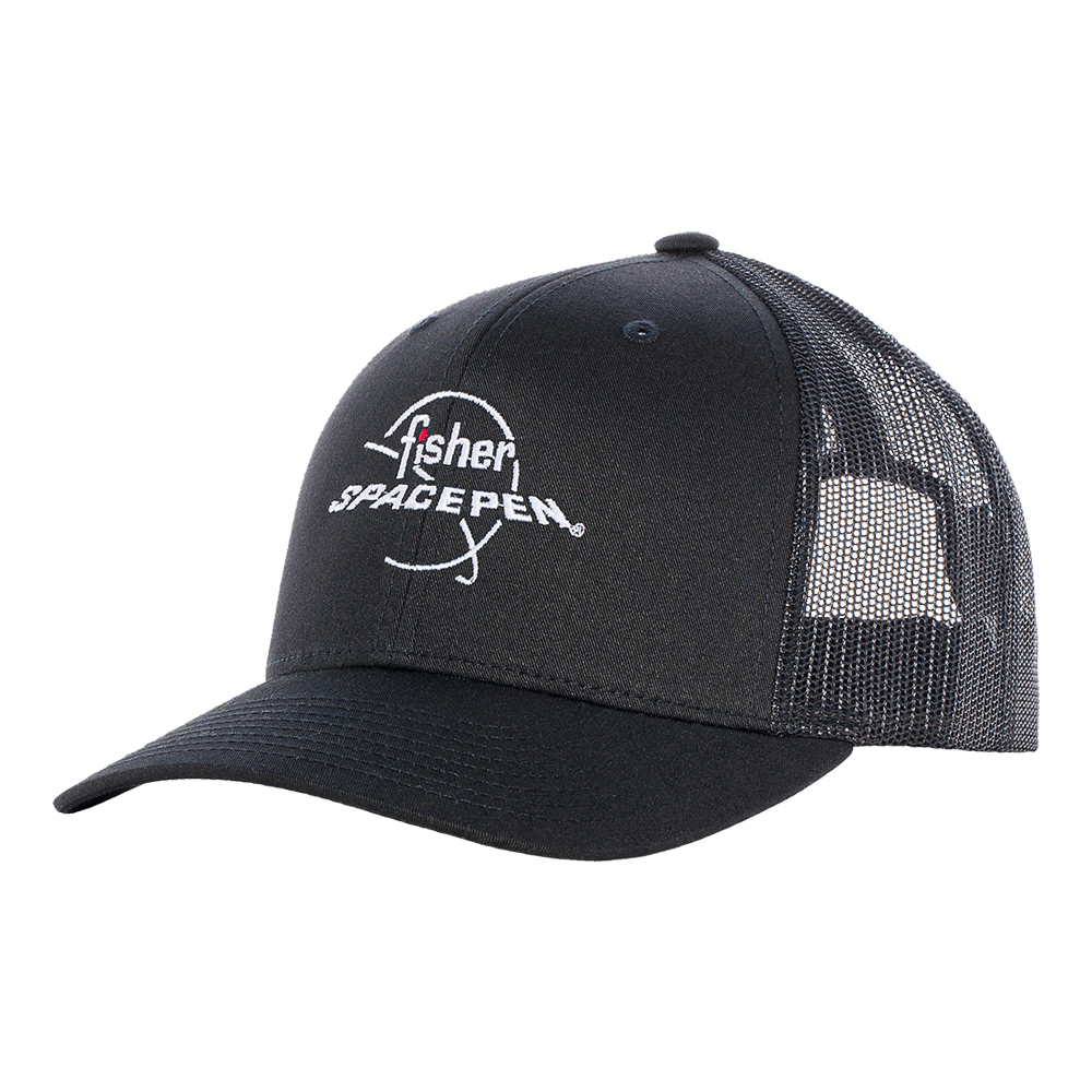 Black Fisher Space Pen snapback hat with embroidered red and white logo on the front.
