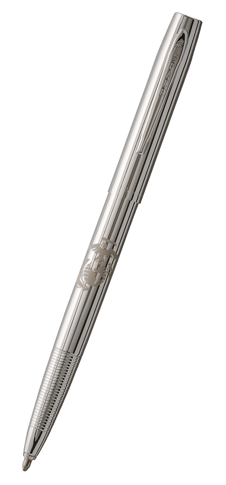Chrome cap-o-matic space pen with engraving of US Marine Corps emblem
