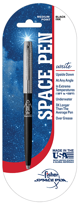 Cap-o-matic space pen with black plastic barrel, chrome cap with clip, chrome tip, and imprinted silver space shuttle in packaging with a blue galaxy print and red stripe. In the lower right corner is the Fisher Space Pen logo.