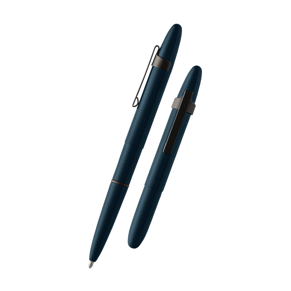 Right: Navy Blue Cerakote Bullet Space Pen with matte black clip, opened with cap posted to rear of pen
Left: Navy Blue Cerakote Bullet Space Pen with Matte Black Clip, Closed