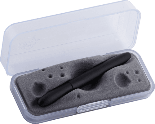Closed 400B matte black bullet space pen in gift box. The gift box is opaque plastic with an insert textured like the moon.